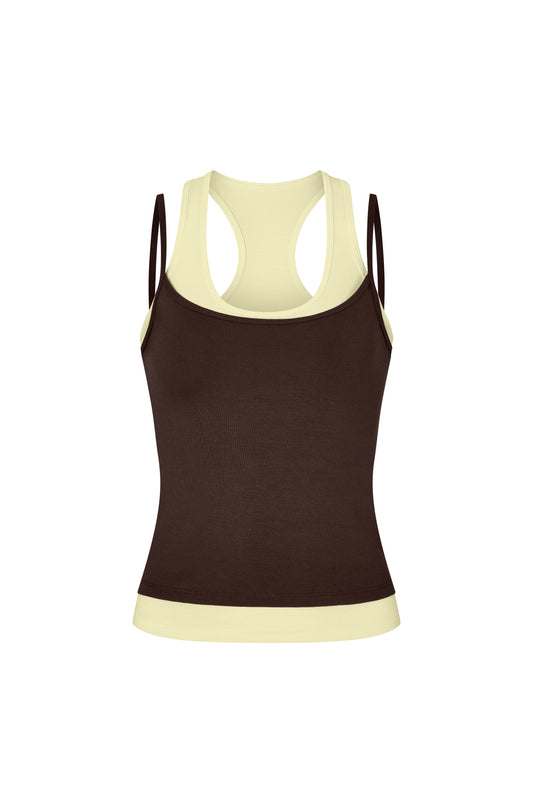 Layered Crew Neck Tank - Brown-Yellow