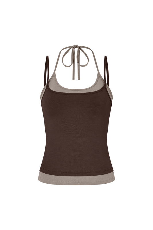 Layered Halter Neck Tank - Brown-Sable