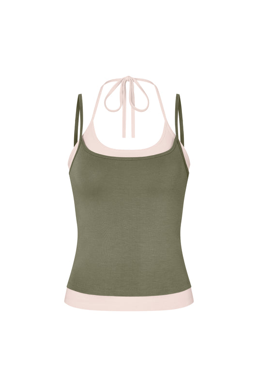 Layered Halter Neck Tank - Moss-Powder