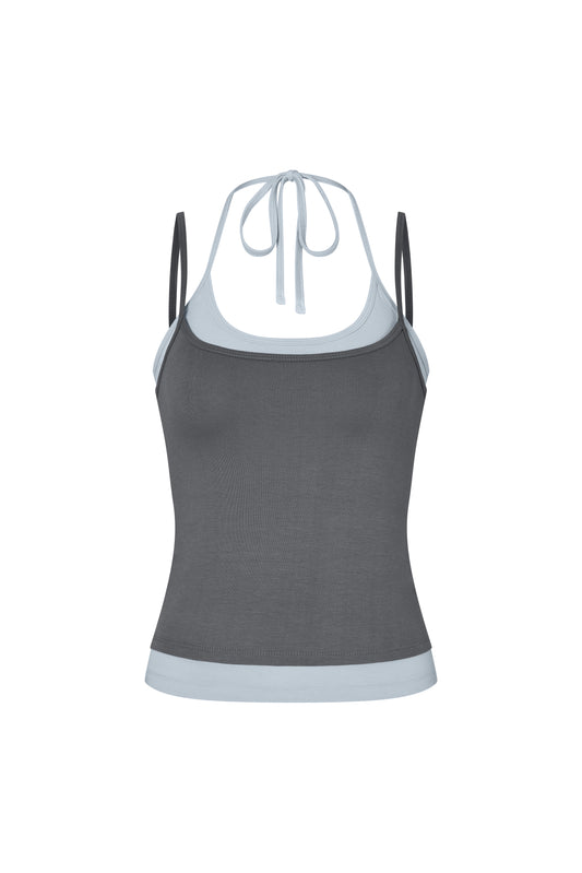 Layered Halter Neck Tank - Charcoal-Sky