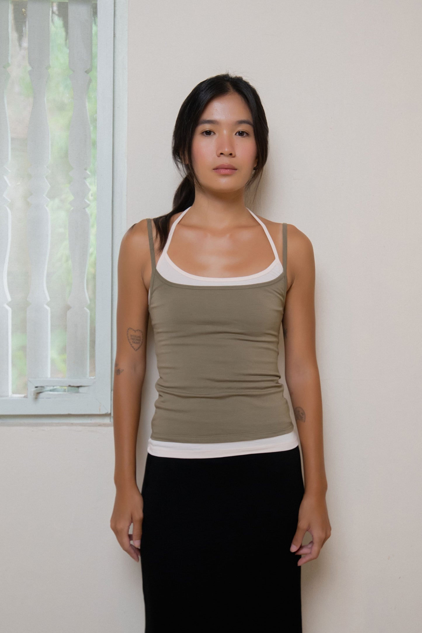 Layered Halter Neck Tank - Moss-Powder