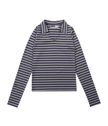 Stripes Long Sleeve Collar Top in Dark Grey