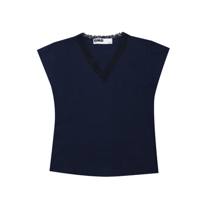 Lace V-Neck T-Shirt in Navy