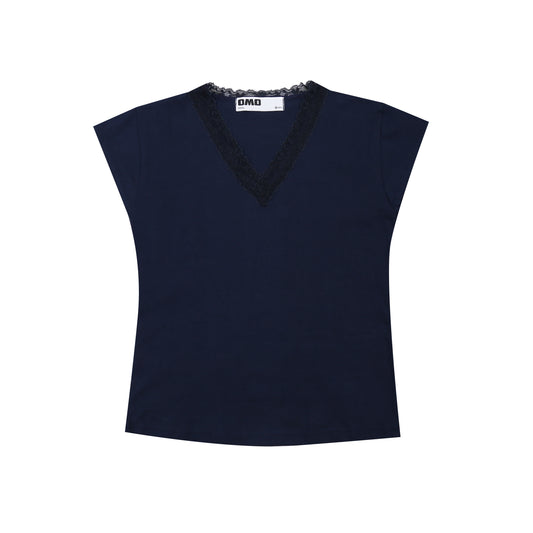 Lace V-Neck T-Shirt in Navy