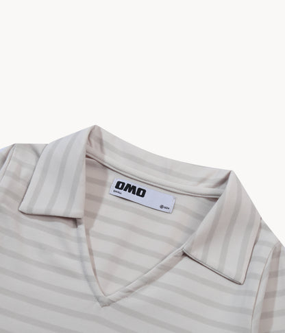 Stripes Long Sleeve Collar Top in Beige