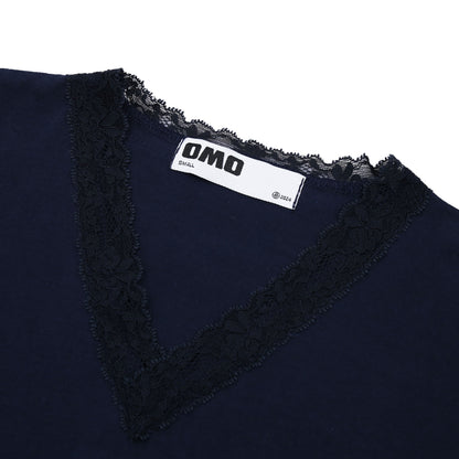 Lace V-Neck T-Shirt in Navy
