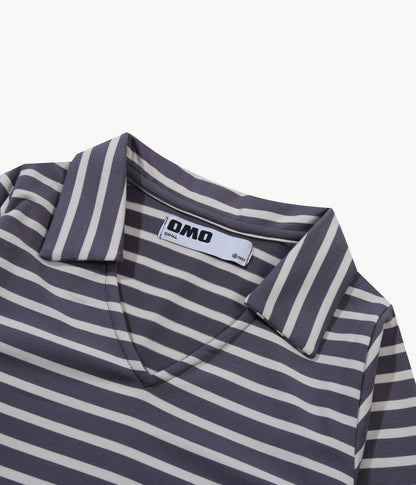 Stripes Long Sleeve Collar Top in Dark Grey