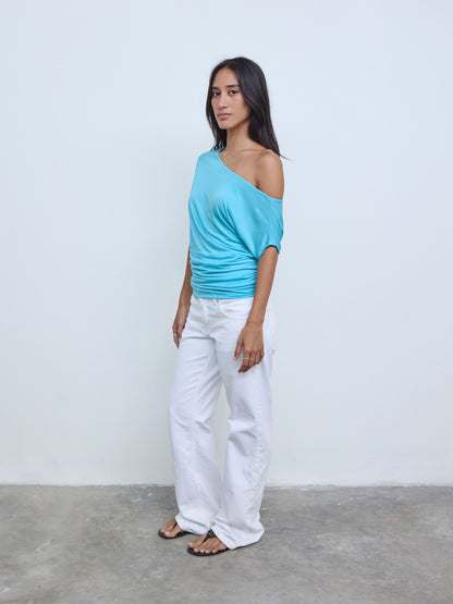 One Shoulder Draped Top in Aqua