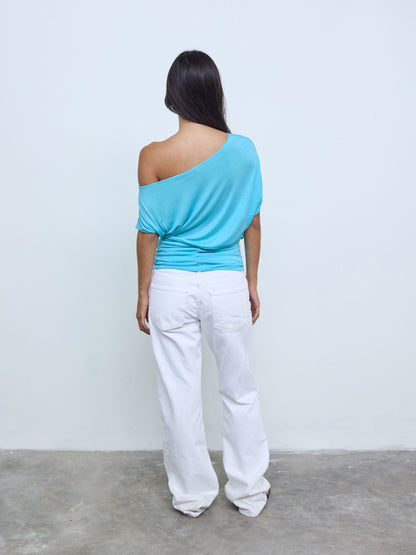 One Shoulder Draped Top in Aqua