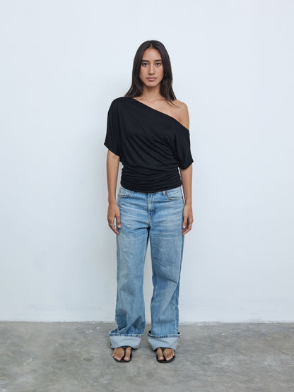 One Shoulder Draped Top in Black