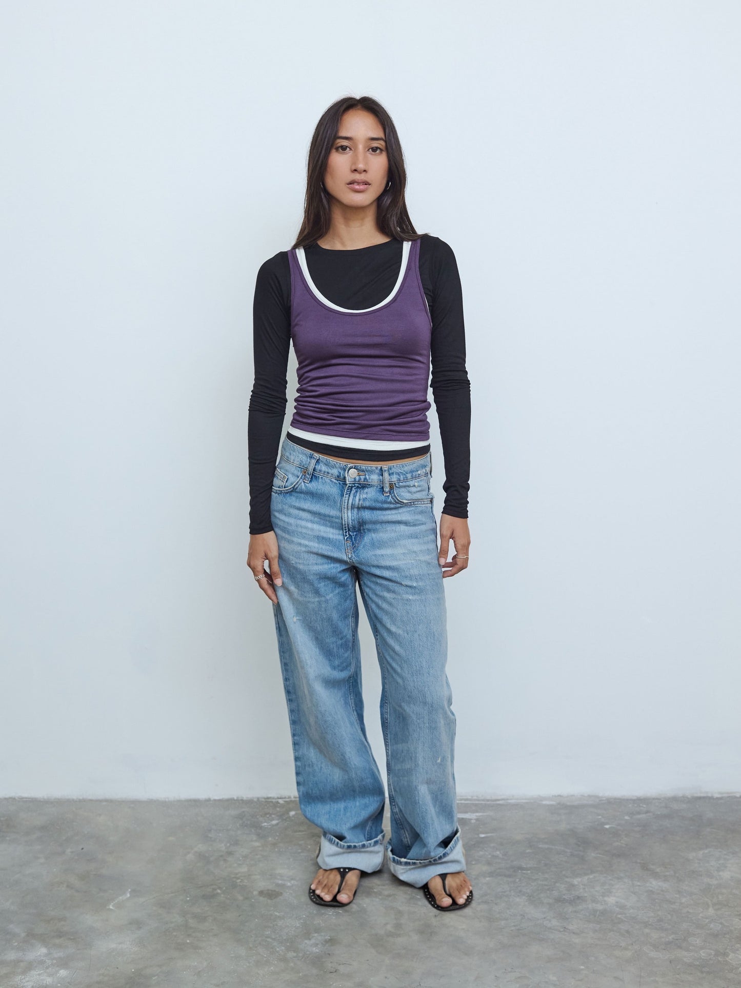 Long Sleeve Layered Top in Black/White/Purple