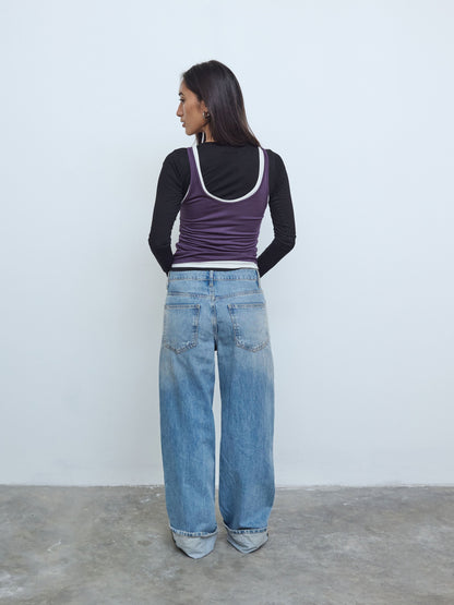 Long Sleeve Layered Top in Black/White/Purple