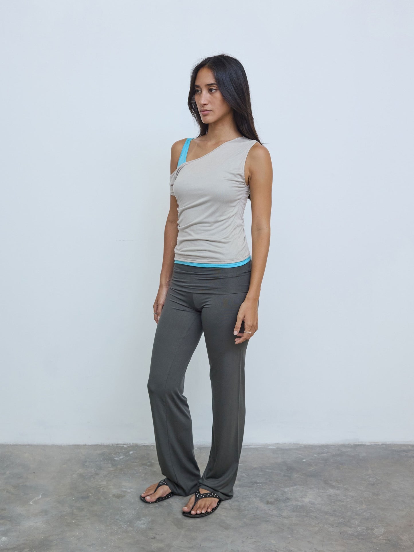 One Shoulder Layered Top in Concrete/Aqua