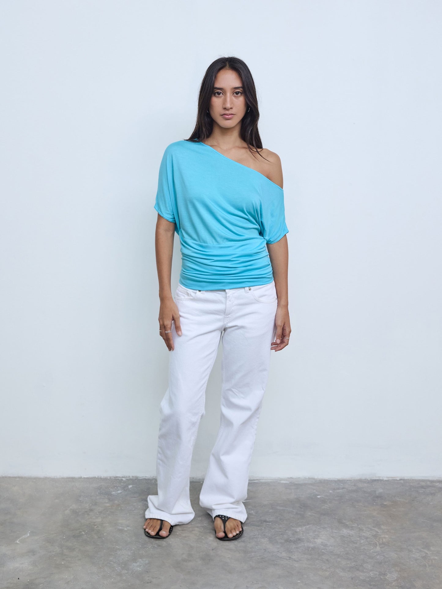 One Shoulder Draped Top in Aqua