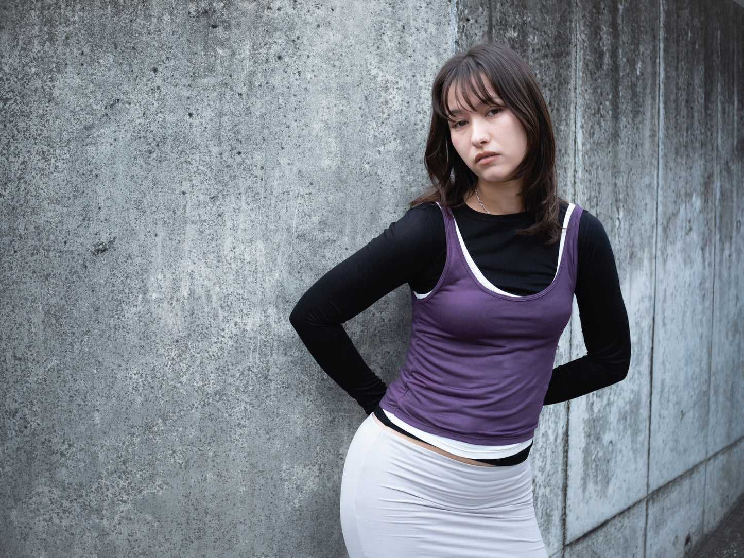 Long Sleeve Layered Top in Black/White/Purple