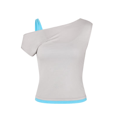 One Shoulder Layered Top in Concrete/Aqua