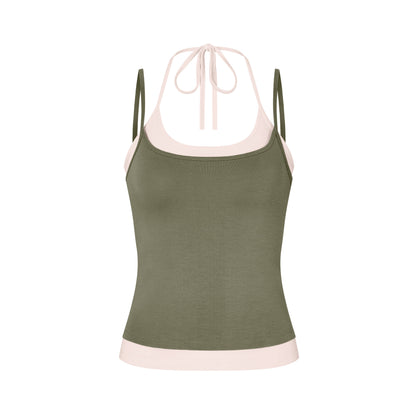 Layered Halter Neck Tank in Moss/Powder