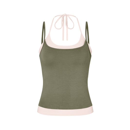 Layered Halter Neck Tank in Moss/Powder