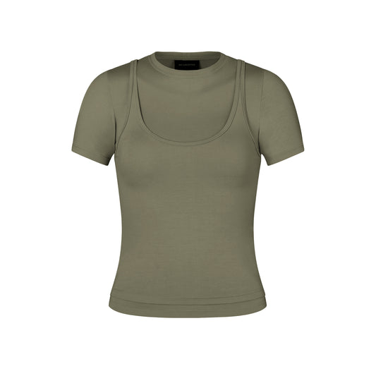Short Sleeve Layered Top in Moss