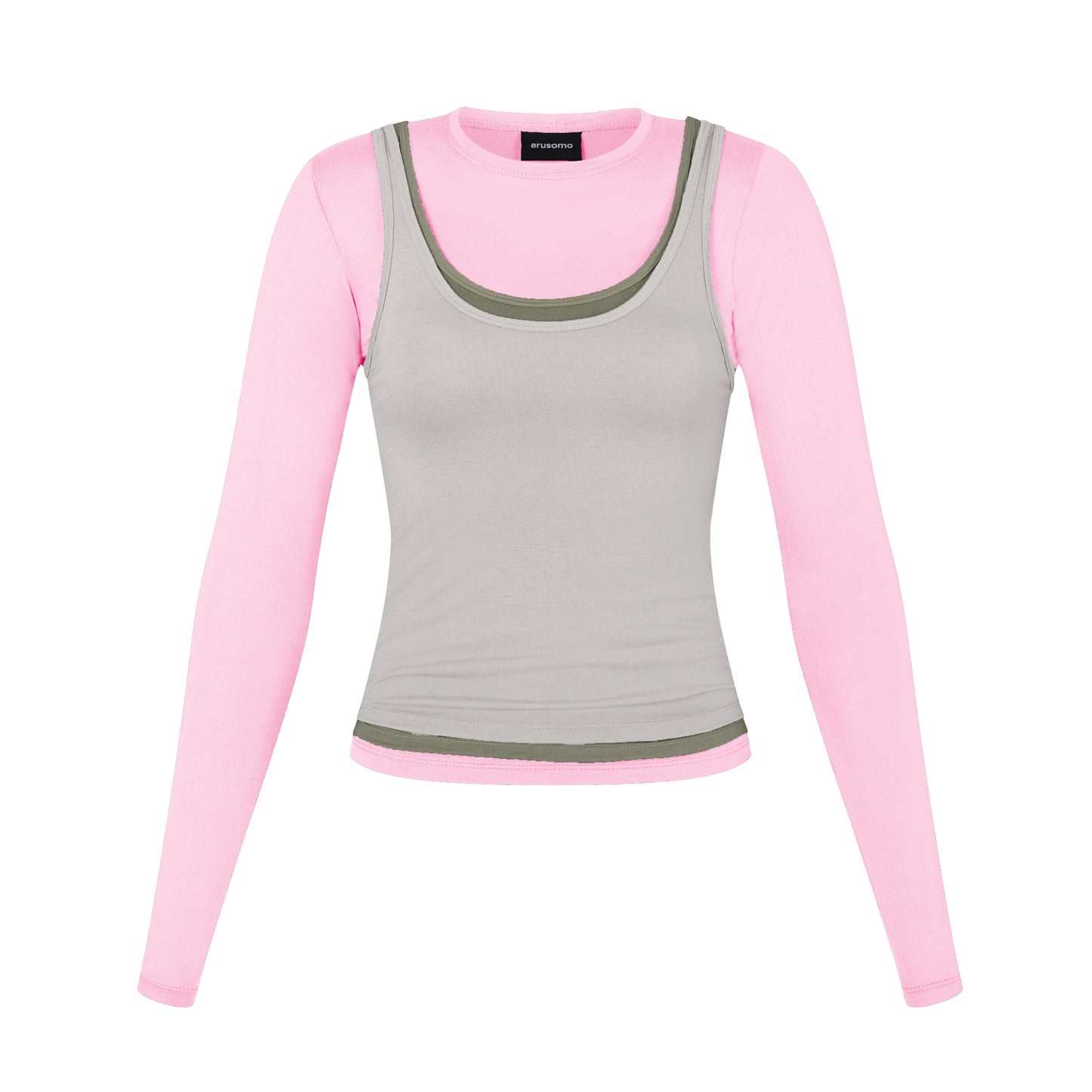 Long Sleeve Layered Top in Gum/Moss/Concrete