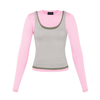 Long Sleeve Layered Top in Gum/Moss/Concrete