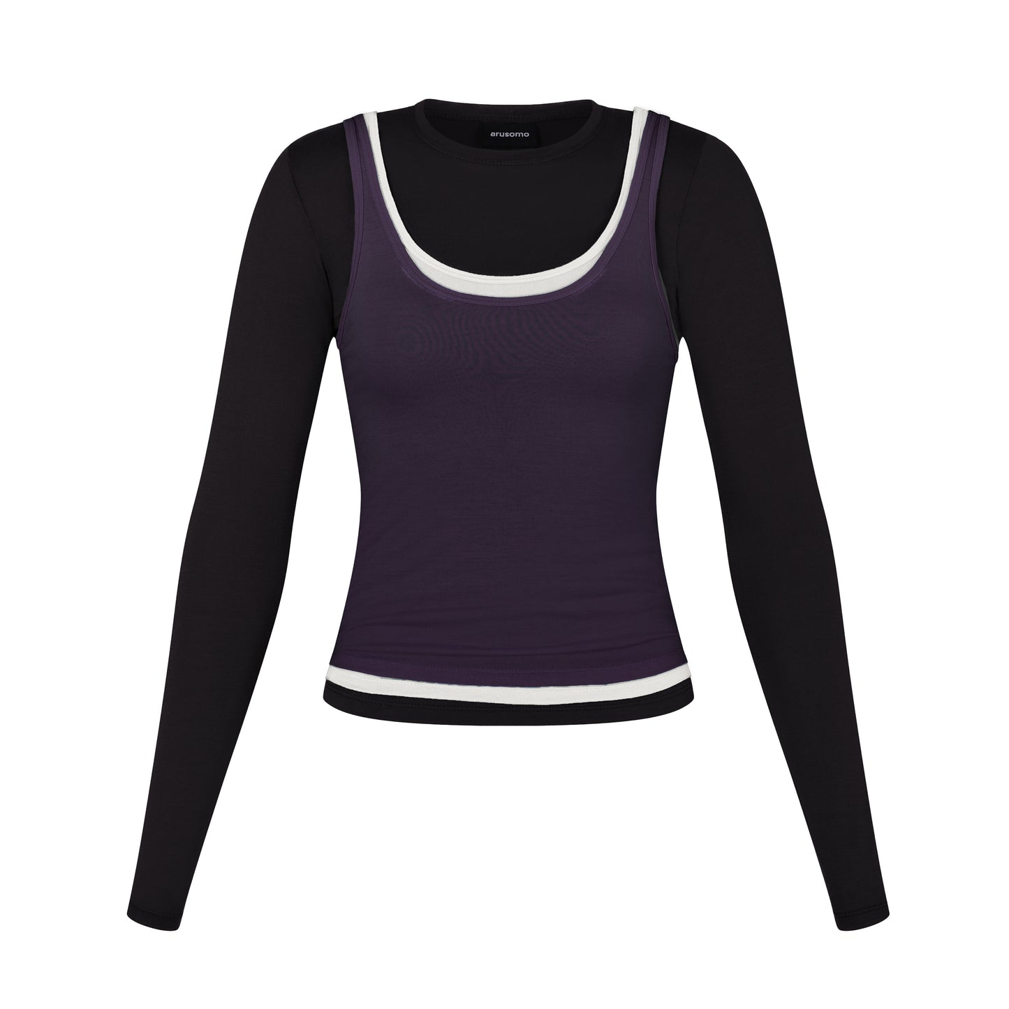 Long Sleeve Layered Top in Black/White/Purple