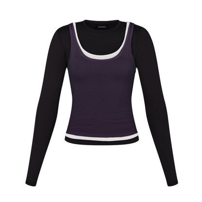 Long Sleeve Layered Top in Black/White/Purple