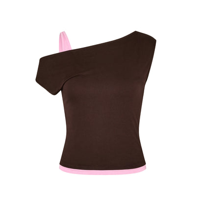 One Shoulder Layered Top in Brown/Gum