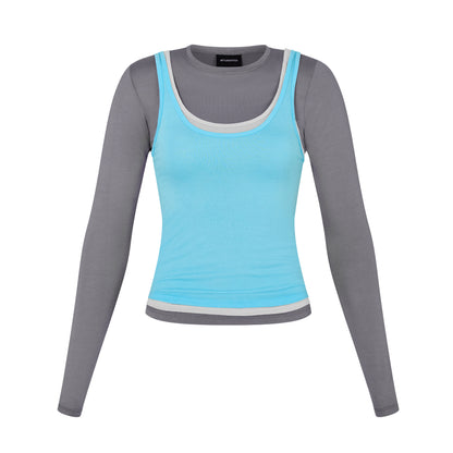 Long Sleeve Layered Top in Concrete/Smoke/Aqua