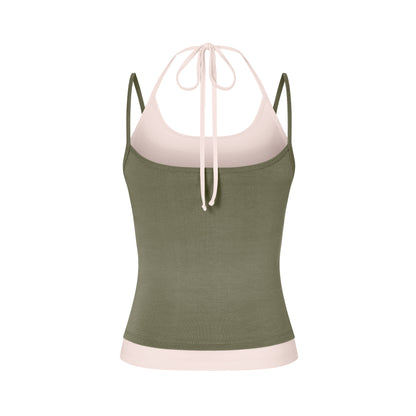 Layered Halter Neck Tank in Moss/Powder