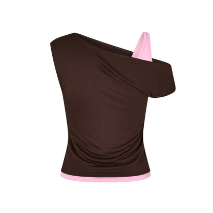 One Shoulder Layered Top in Brown/Gum