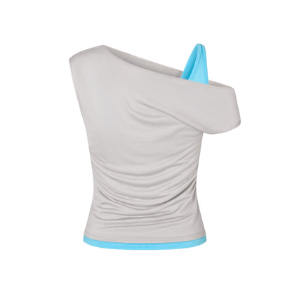 One Shoulder Layered Top in Concrete/Aqua