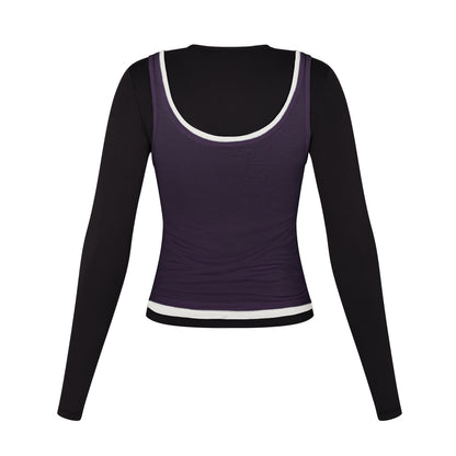 Long Sleeve Layered Top in Black/White/Purple