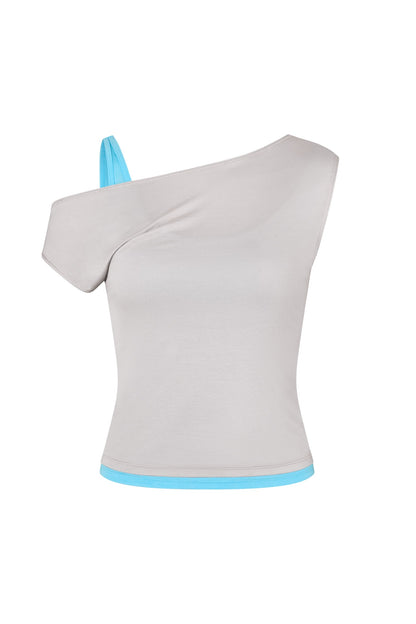 One Shoulder Layered Top in Concrete/Aqua