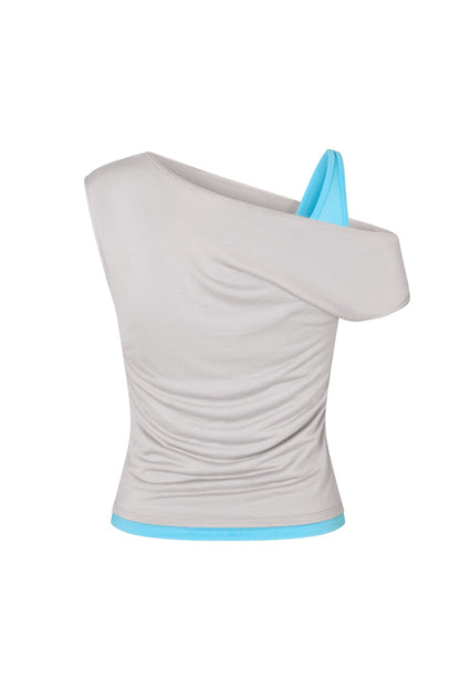 One Shoulder Layered Top in Concrete/Aqua