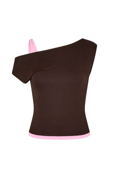 One Shoulder Layered Top in Brown/Gum