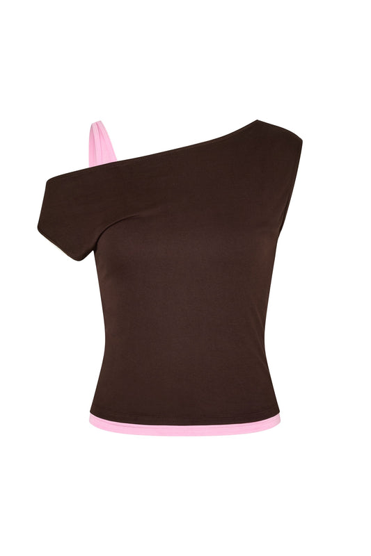 One Shoulder Layered Top in Brown/Gum