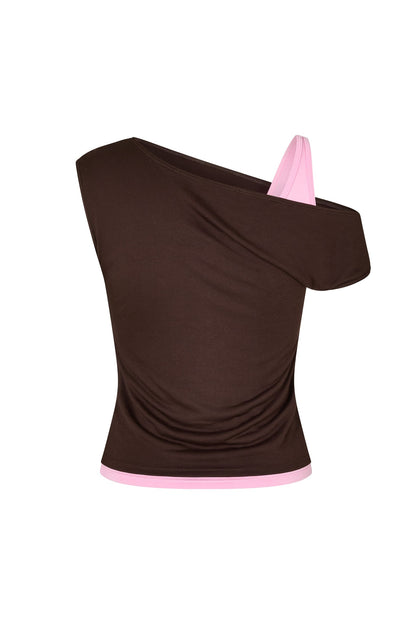 One Shoulder Layered Top in Brown/Gum