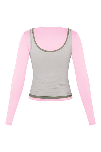 Long Sleeve Layered Top in Gum/Moss/Concrete