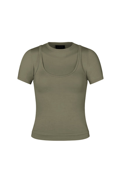 Short Sleeve Layered Top in Moss