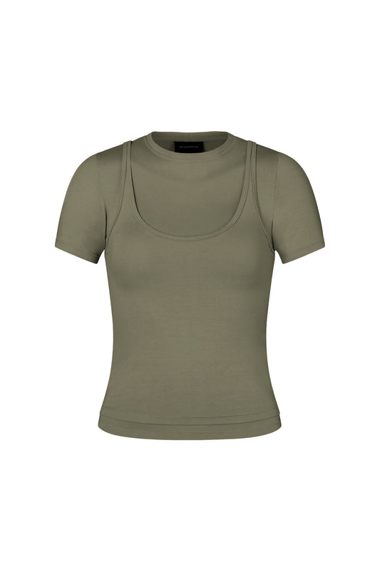 Short Sleeve Layered Top in Moss