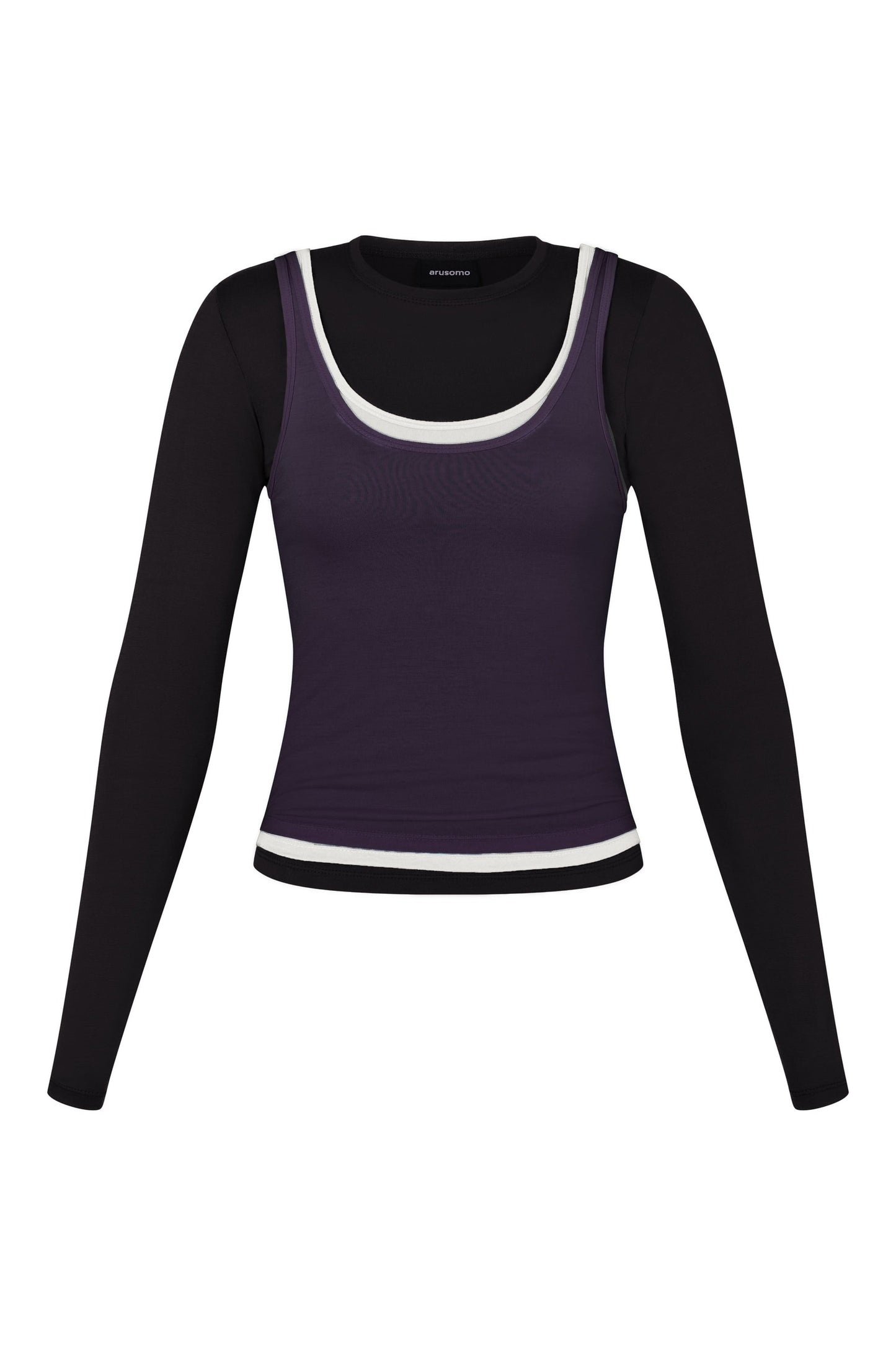 Long Sleeve Layered Top in Black/White/Purple