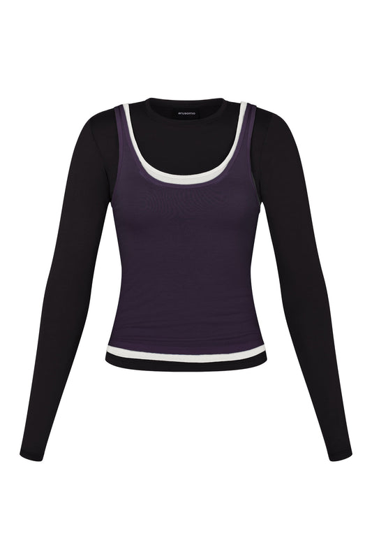 Long Sleeve Layered Top in Black/White/Purple