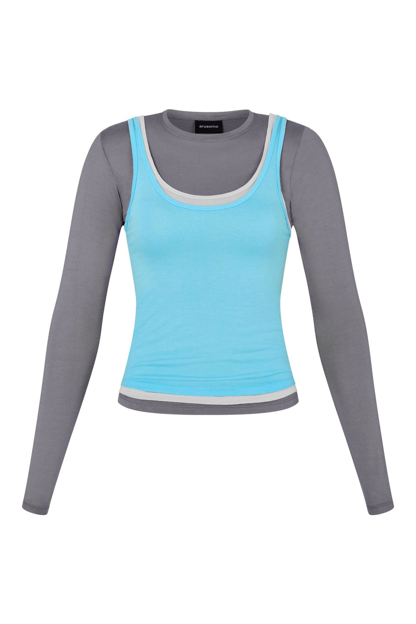 Long Sleeve Layered Top in Concrete/Smoke/Aqua