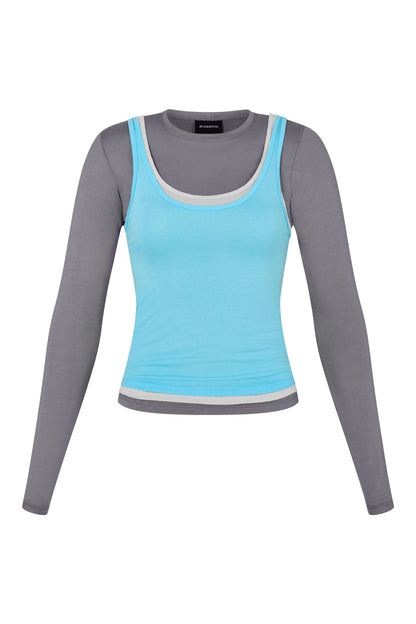 Long Sleeve Layered Top in Concrete/Smoke/Aqua