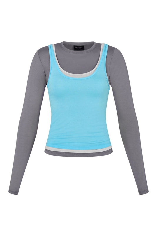 Long Sleeve Layered Top in Concrete/Smoke/Aqua