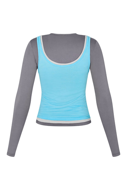 Long Sleeve Layered Top in Concrete/Smoke/Aqua