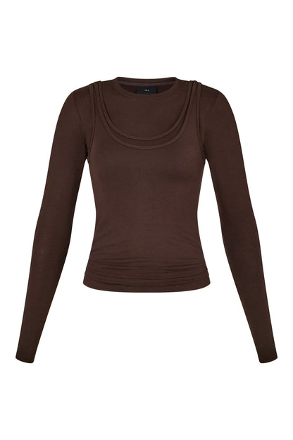 Long Sleeve Layered Top in Brown