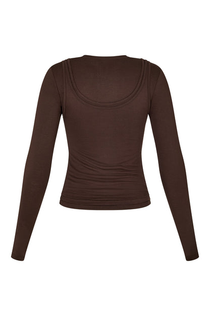Long Sleeve Layered Top in Brown