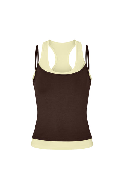 Layered Crew Neck Tank - Brown-Yellow